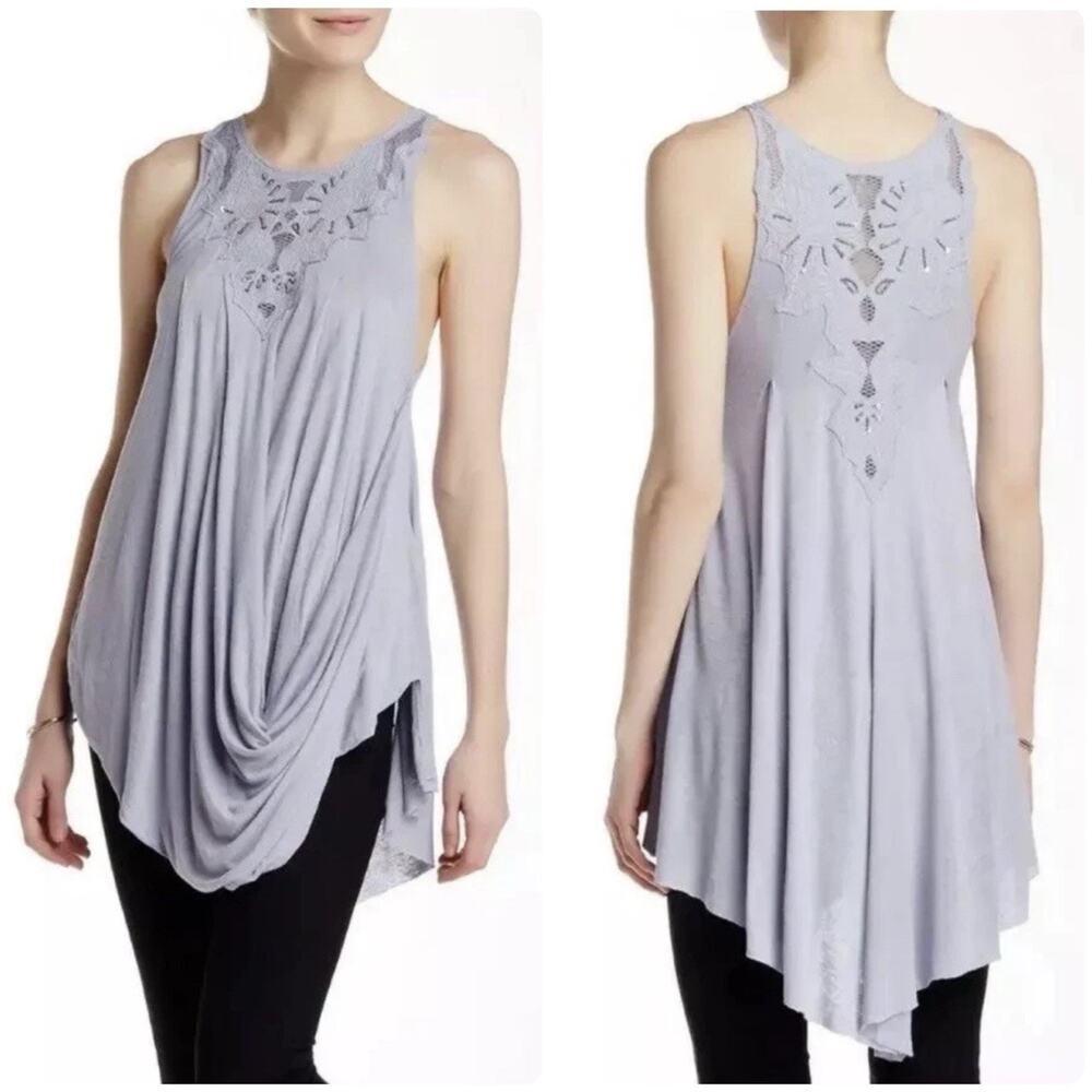 Free People New World Draped Tunic Top Embellished Beaded Crochet Violet Size M